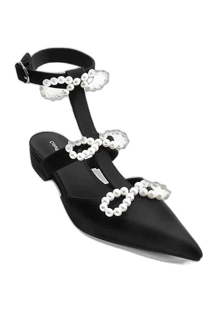 Mulberry Silk Pearl Bow Flat Sandals 2.5CM Pointed Toe Ankle Strap T-Strap Mules