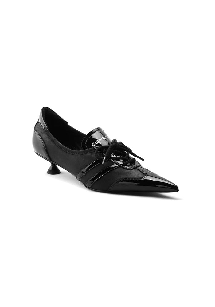 "Darkstar" Mixed Patent & Matte Black Leather Lace-Up Pointed Toe Mini Flared Kitten Heel Derby Pumps 3.5CM Cyber Avant-Garde Dress Shoes
