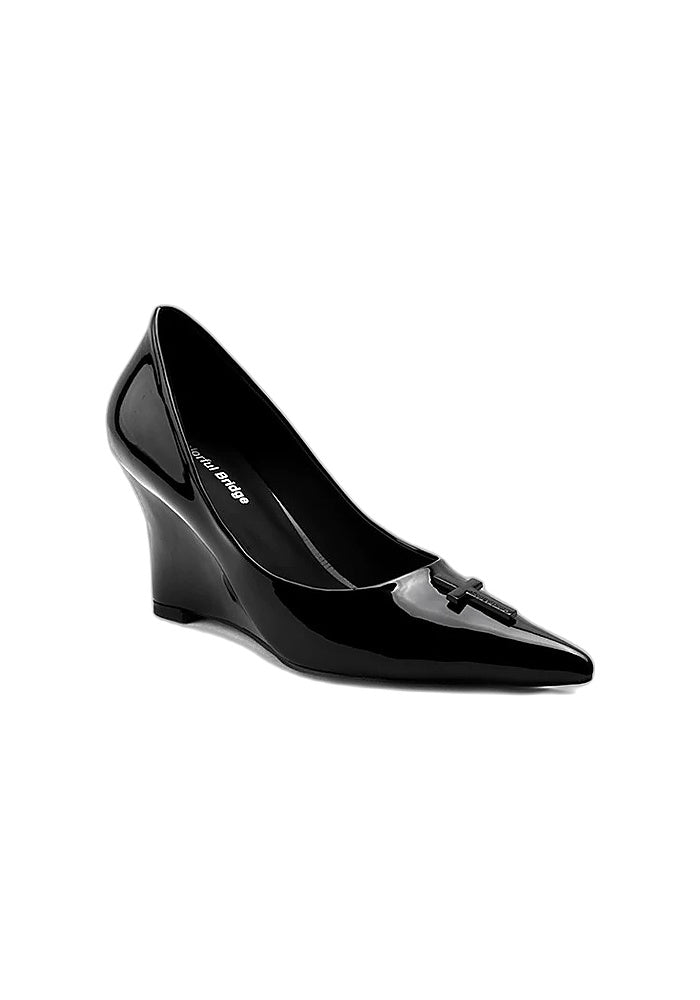 Patent Leather Cross Decor Wedge Pumps 8CM Pointed Toe Gothic Wedge Heel Dress Shoes