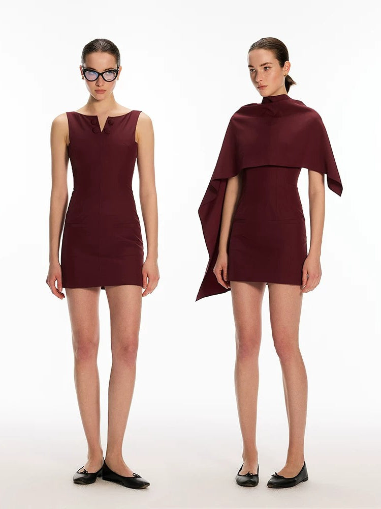DPERCENT Polka Dot Mini Dress with Draped Cape Panel