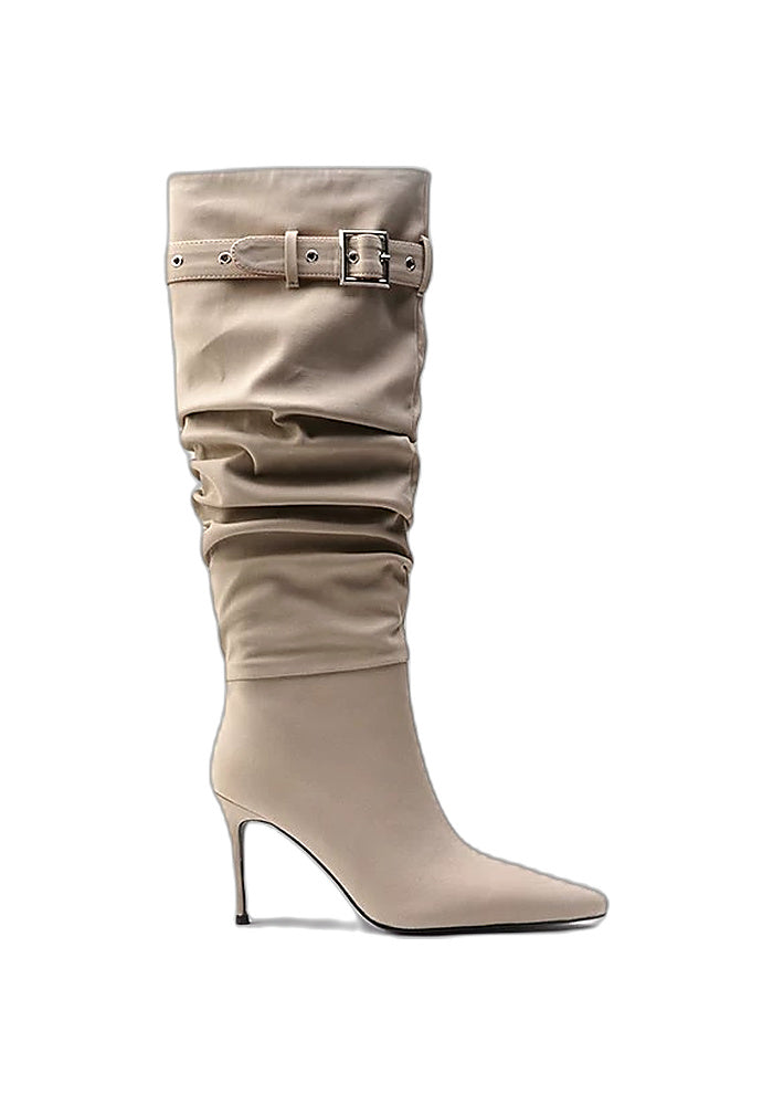 Ruched Buckle Knee-High Stiletto Boots Pointed Toe Avant-Garde High Heel Boots