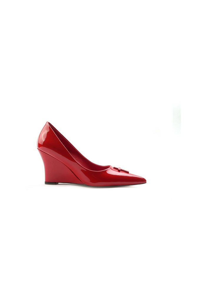 Bright Red Patent Leather Cross Wedge Pumps 8CM Curved Wedge Heel Pointed Toe Designer Slip-On Heels