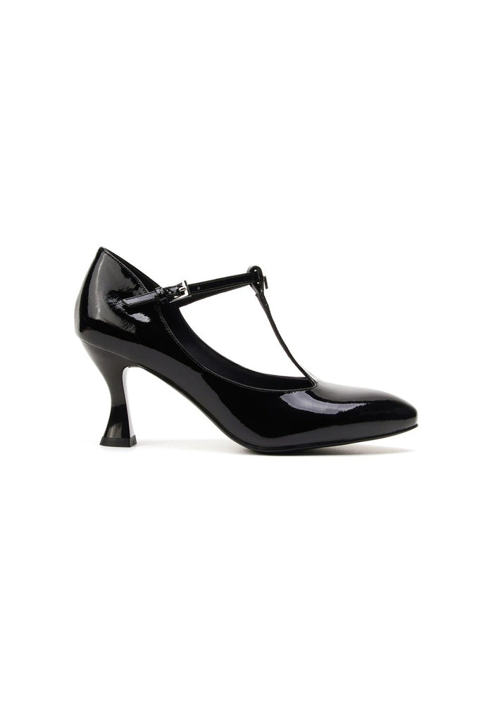 "Nightingale" Black Patent Leather T-Strap Mary Jane Pumps 7.5CM Sculpted Flared Heel Vintage Avant-Garde Dress Heels