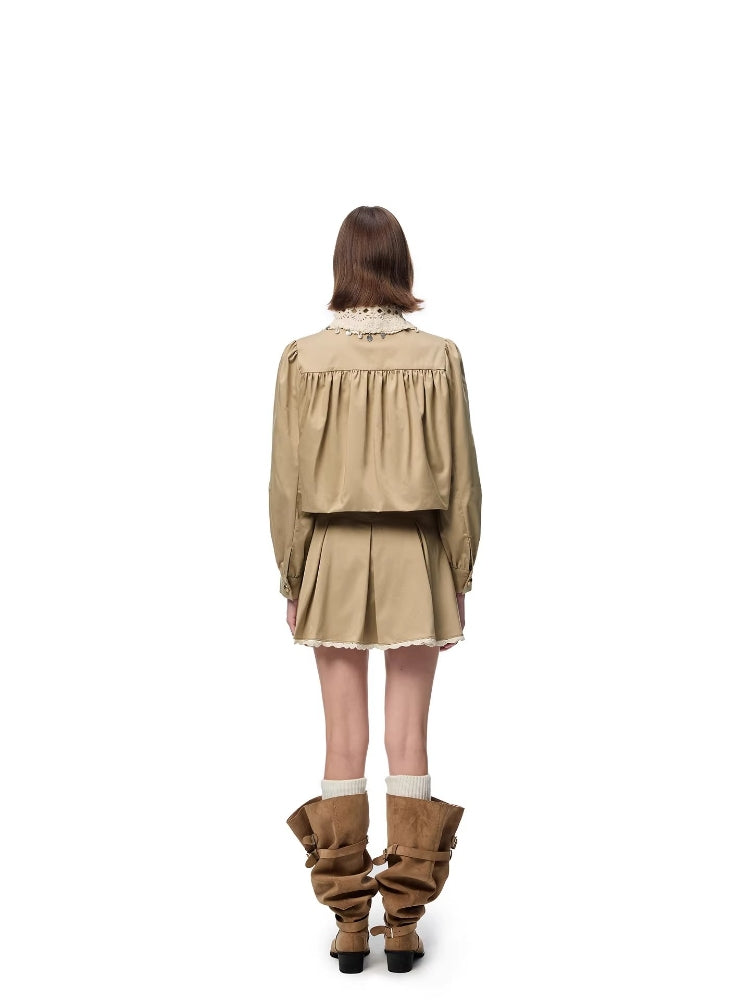 SHROENRO Lace Openwork Peter Pan Collar, Flowy Bubble Sleeves, Versatile Short-Sleeve Top