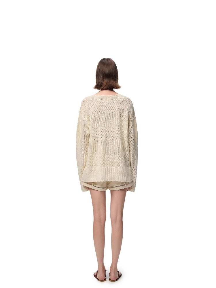 SHROENRO 3D Floral V-Neck Knit Sweater with Elegant Openwork Design
