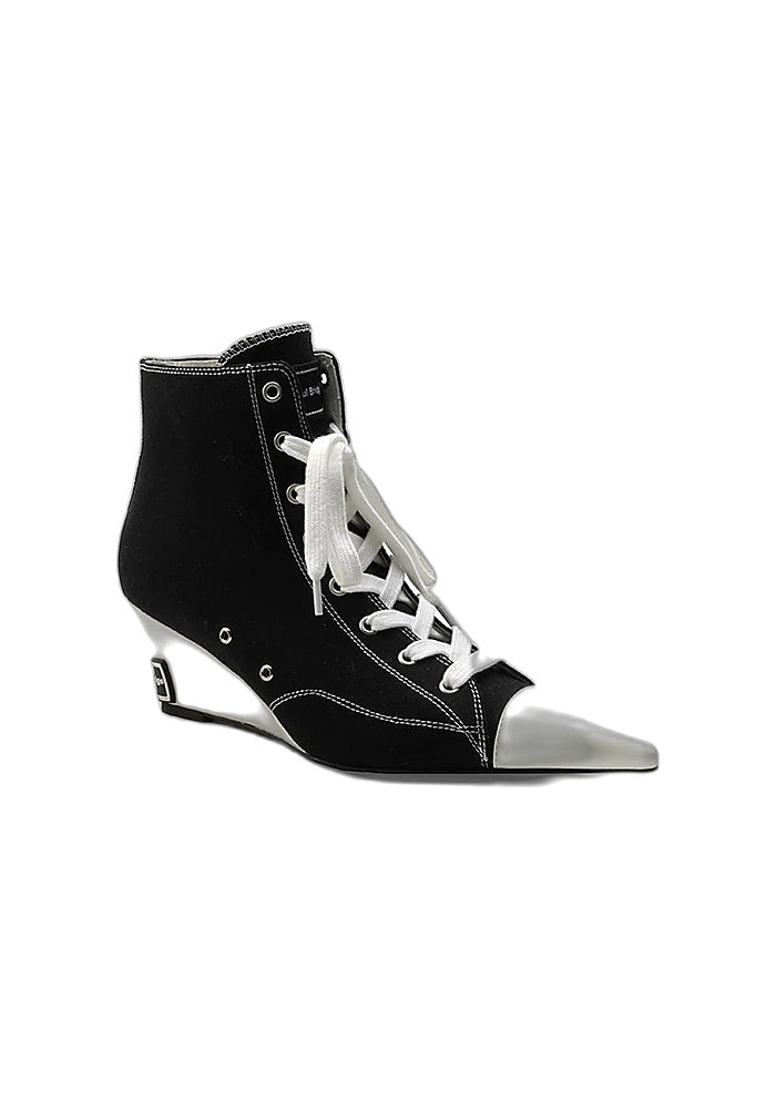 Contrast Canvas Wedge Ankle Boots 5.5CM Wedge Heel Pointed Toe Lace-Up High Top Sneaker Booties