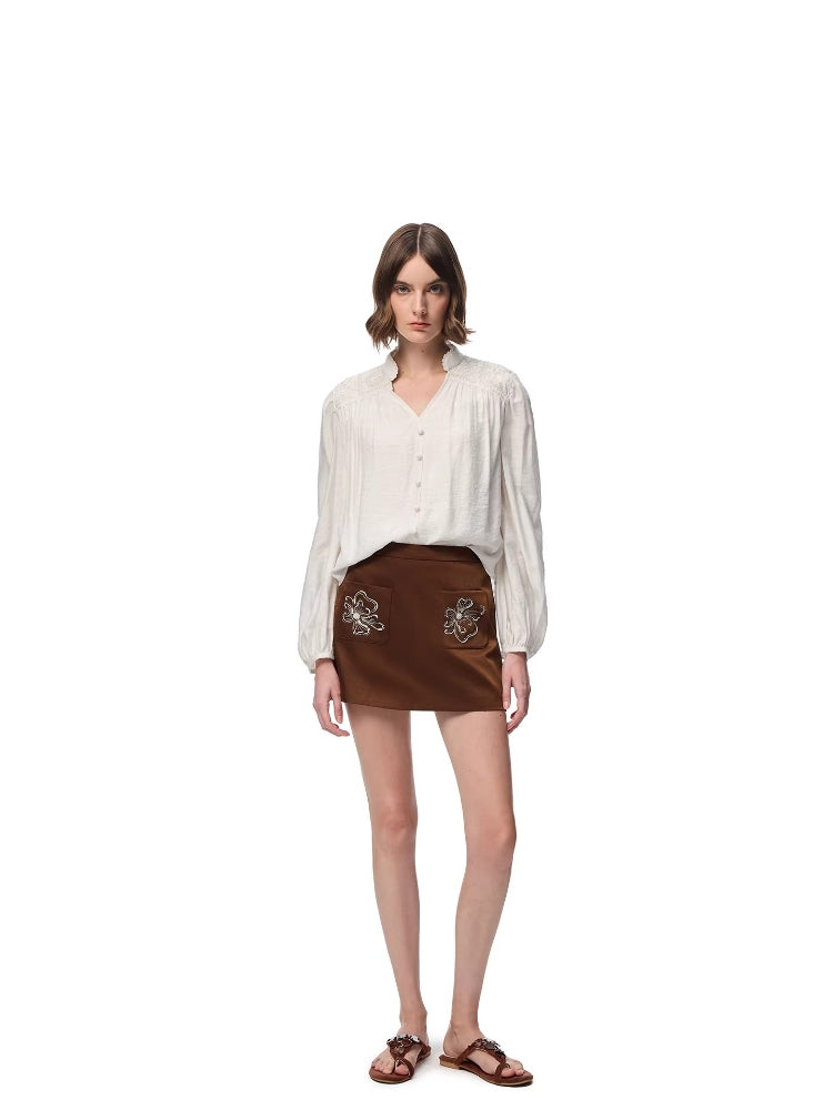 SHROENRO Heavy-Duty Embroidered Short-Stand Collar Drapey Loose-Fit Long-Sleeve Shirt for Women