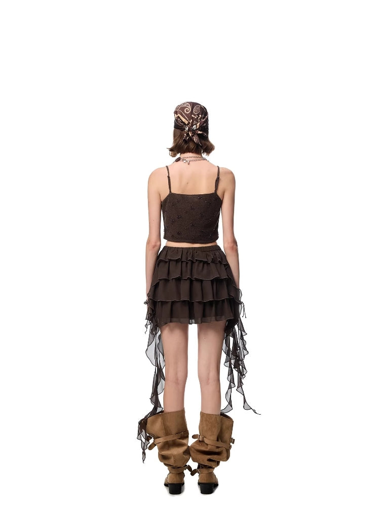 SHROENRO Layered Ribbon-Style Skirt: A-Line Chiffon Tiered Mini Skirt with a Flowy, Ethereal Look