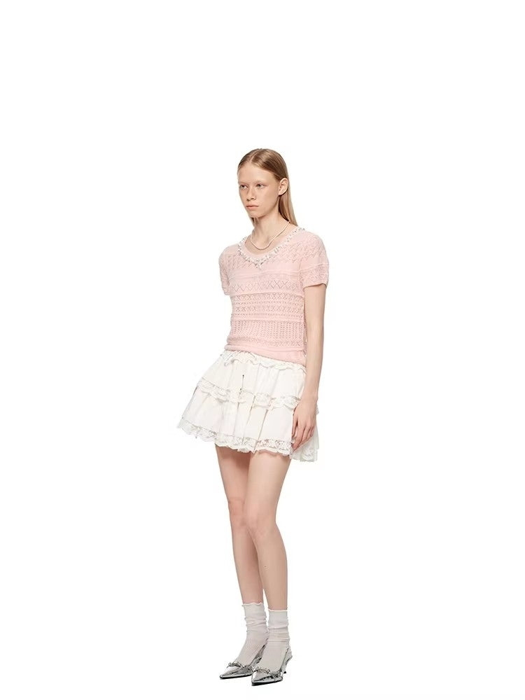 SHROENRO Sweet Preppy-Style Color-Blocked Polo-Neck Lace-Trimmed Fitted T-Shirt