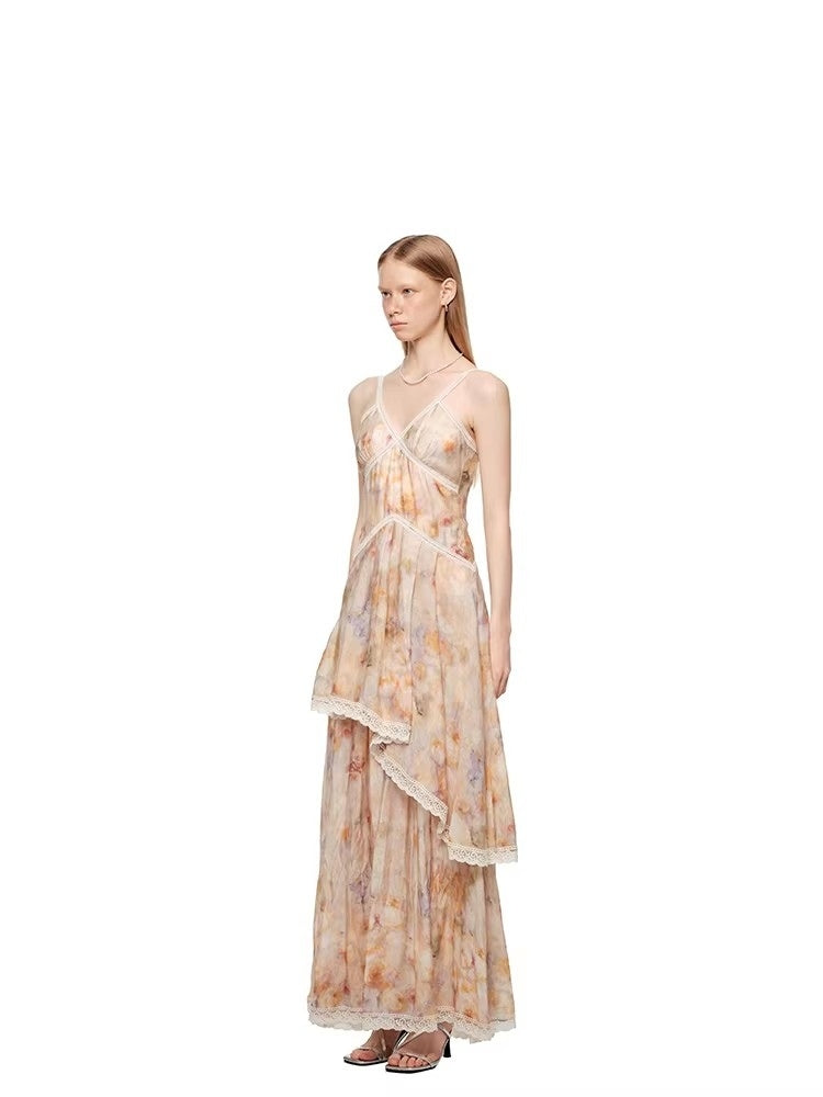 SHROENRO New Arrival: Resort-Style, Waist-Cinched, Lace-Paneled, Oil-Print, Floral-Printed, Designer-Style Spaghetti-Strap Dress
