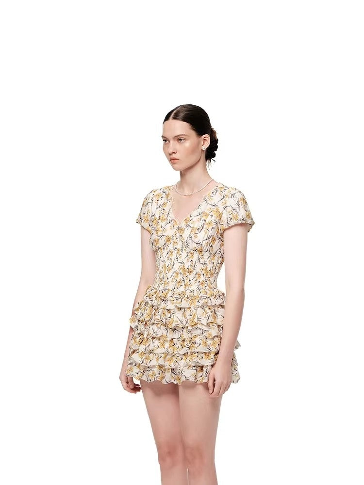 SHROENRO New Arrival: French Floral Print Fashionable V-Neck High-End Design Tiered Dress for Women (Short)