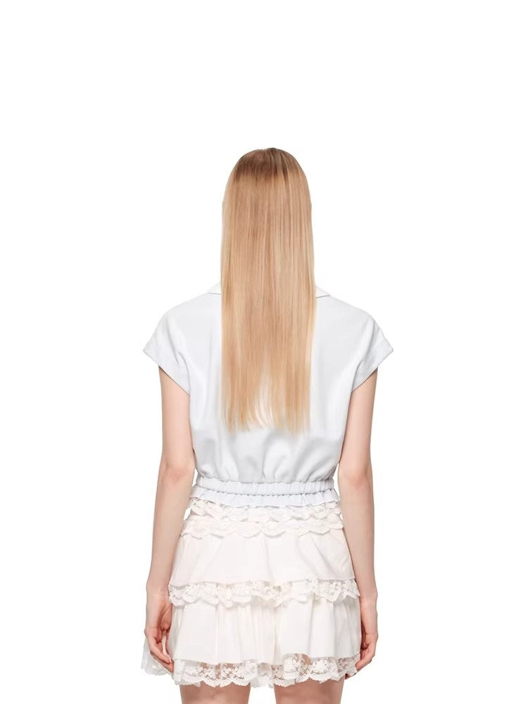 SHROENRO New Arrival: Sweet Preppy-Style Color-Blocked Polo-Neck Lace-Trimmed Fitted T-Shirt