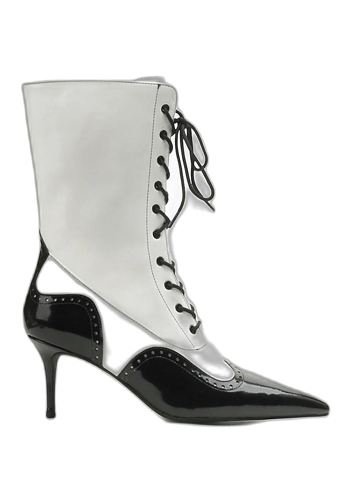 Brogue Lace-Up Mid-Calf Stiletto Boots 7.5CM Avant-Garde Two-Tone Pointed Toe Boots