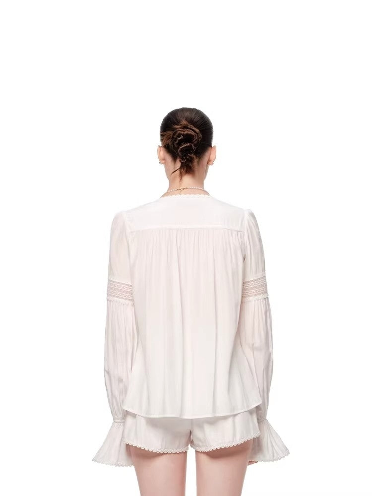SHROENRO New Arrival: French-Style Loose-Fit, Flowy, Openwork V-Neck Lace Blouse and Shorts Fashion Set for Women