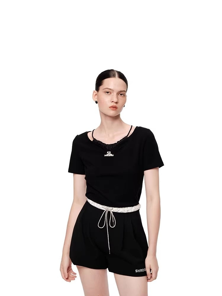 SHROENRO New Arrival: Full-Diamond Brooch, Color-Blocked Satin V-Neck Pleated Two-Piece-Style T-Shirt