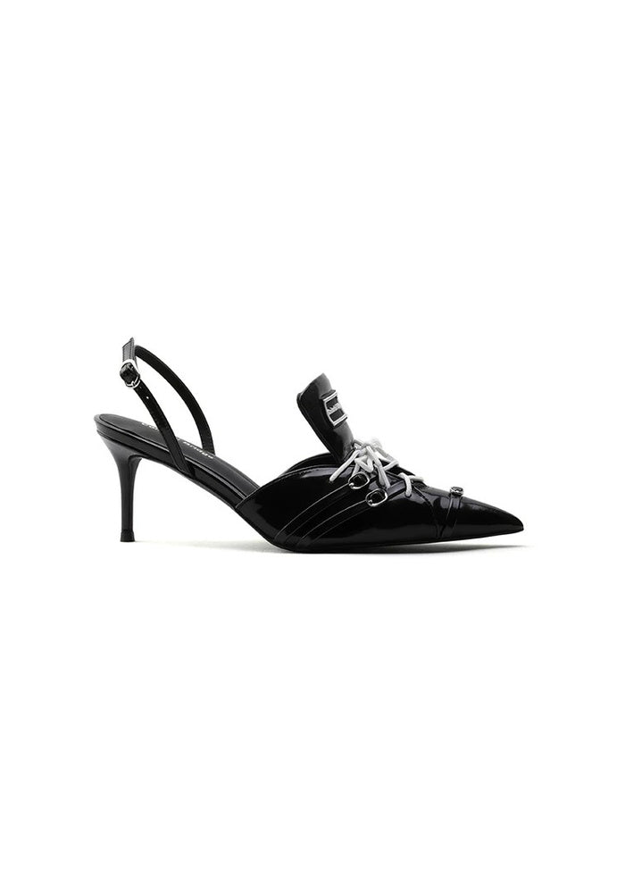 Patent Leather Lace-Up Pointed Toe Slingback Pumps 7.5CM Thin Stiletto Heel Y2K Avant-Garde Mules