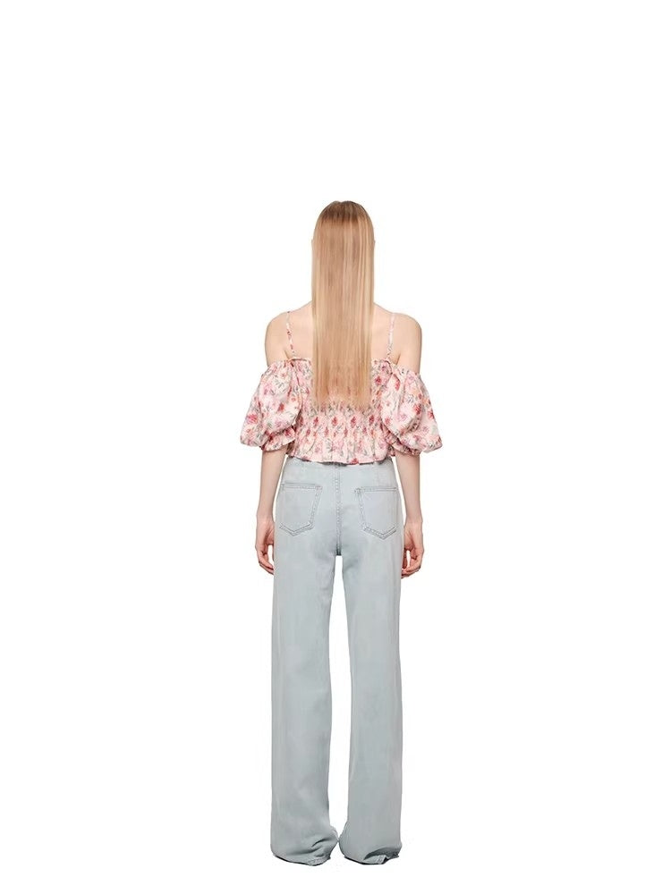 SHROENRO Drawstring Slim-Fit Straight-Leg Casual Denim Pants