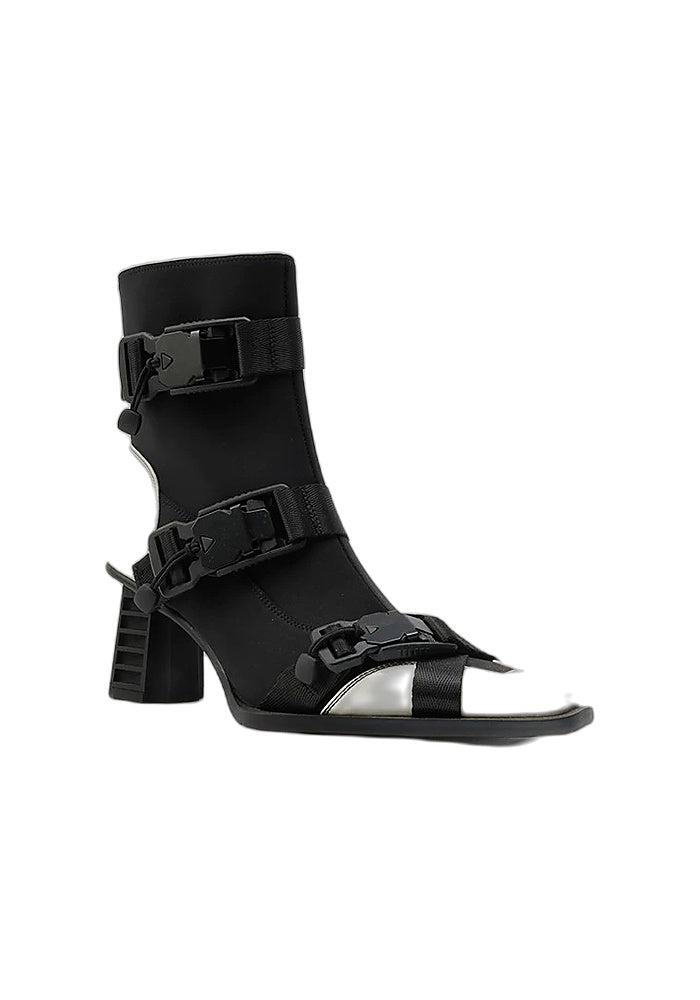 Block Techwear Buckle Ankle Boots 6.5CM Geometric Block Heel Square Toe Sock Booties