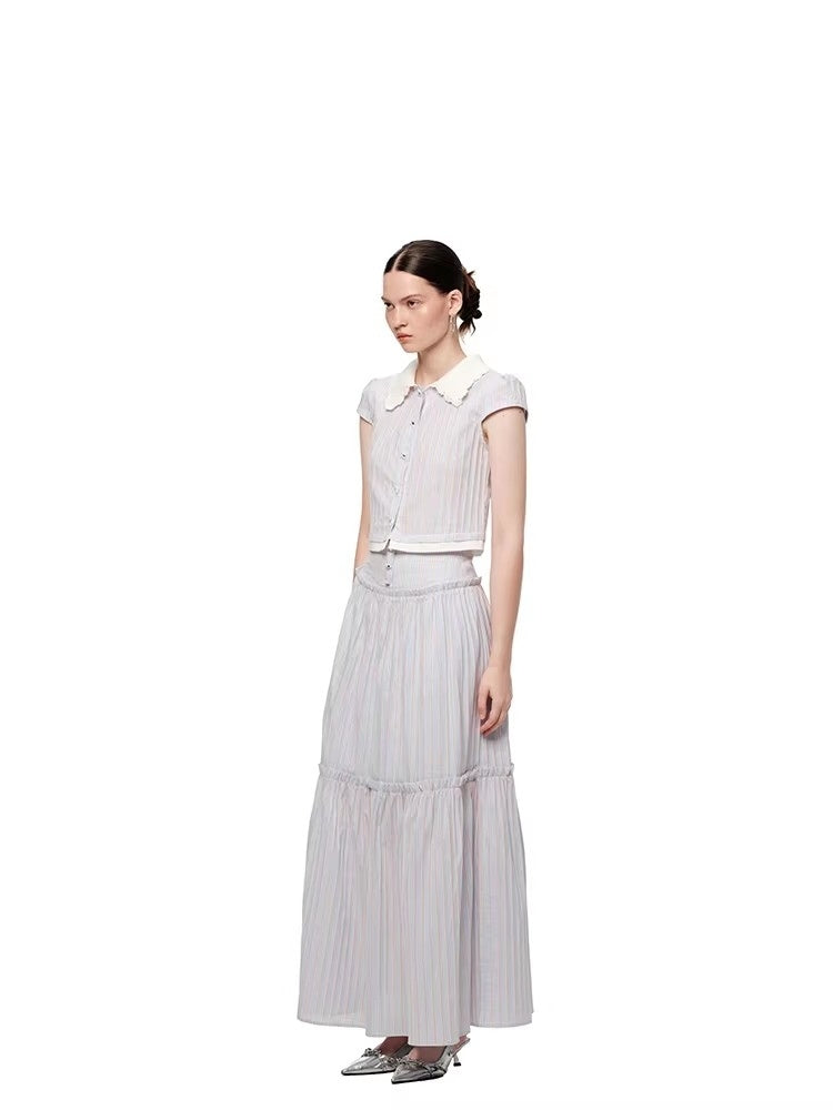 SHROENRO New Arrival: Striped Lace Peter Pan Collar Blouse and High-Waisted Midi Skirt Set – A Fashionable, Girly Ensemble