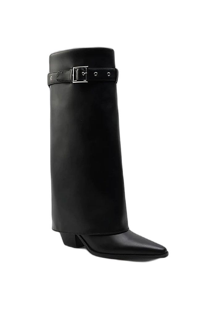 Calfskin Fold-Over Knee High Boots 6.5CM Block Heel Pointed Toe Buckle Strap Western Tall Boots