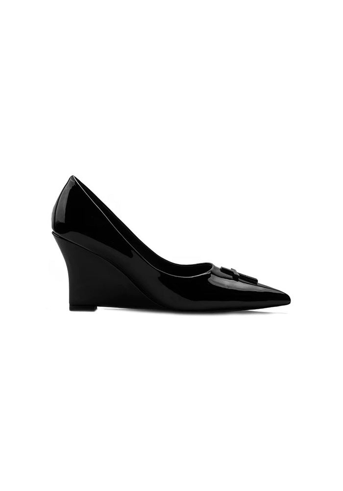 Patent Leather Cross Decor Wedge Pumps 8CM Pointed Toe Gothic Wedge Heel Dress Shoes