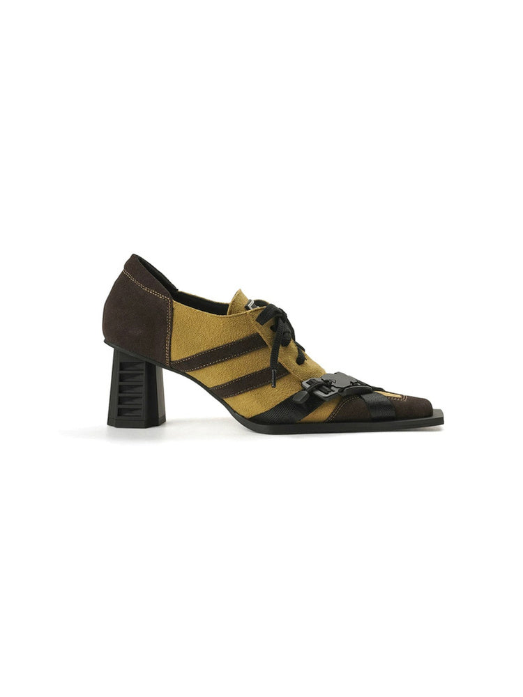 Contrast Lace-Up Block Heel Pumps