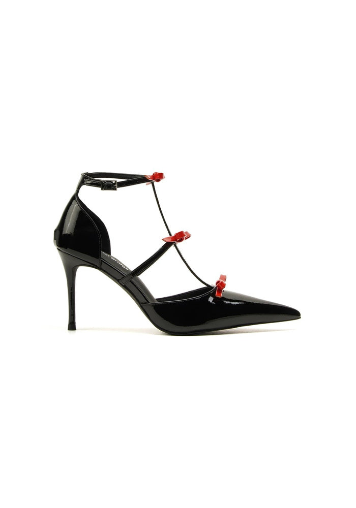 Triple Red Bow T-Strap Ankle Stiletto Pumps 8.5CM Romantic Avant-Garde Pointed Heels