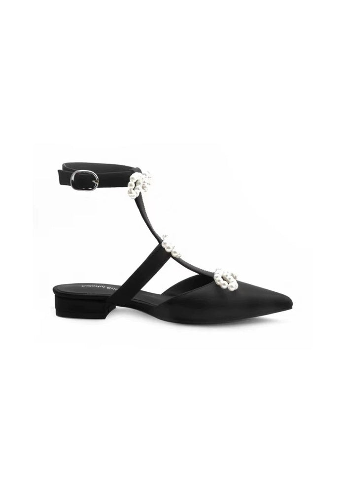 Mulberry Silk Pearl Bow Flat Sandals 2.5CM Pointed Toe Ankle Strap T-Strap Mules