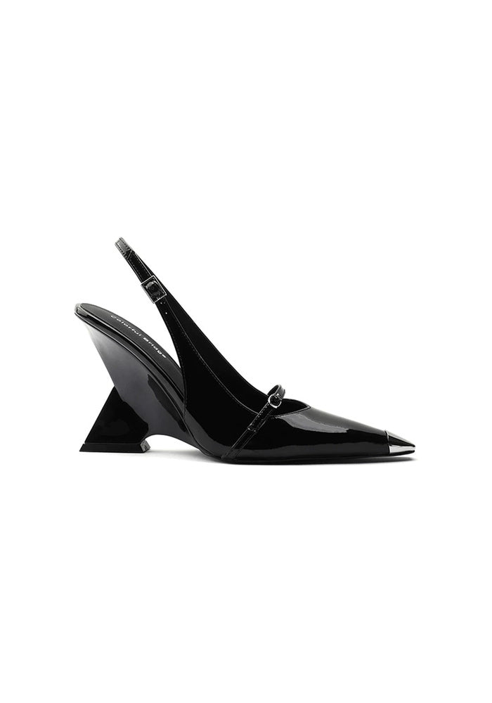 Patent Leather Slingback Pumps 10CM Geometric Triangle Sculpted Wedge Heel Metal Point Cap Avant-Garde Mary Jane Heels
