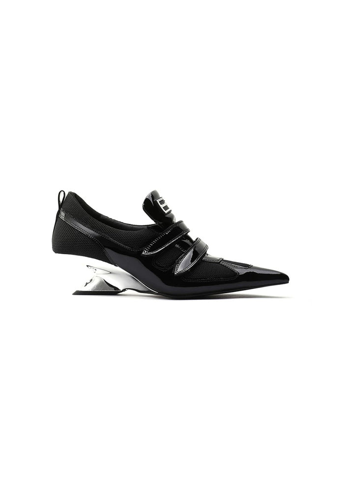 Patent & Mesh Hybrid Pointed Toe Wedge Pumps 5CM Futuristic Avant-Garde Velcro Strap Designer Heels