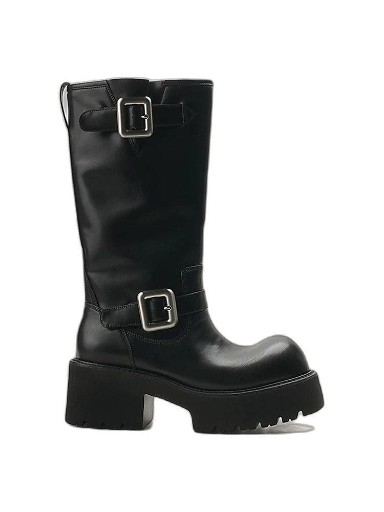 Double-Buckle Platform Mid-Calf Boots