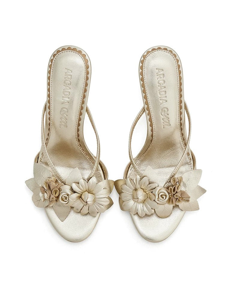 Arcadiagyal Original Design Silver Handmade Lambskin Floral Block Heel High Heels Gold