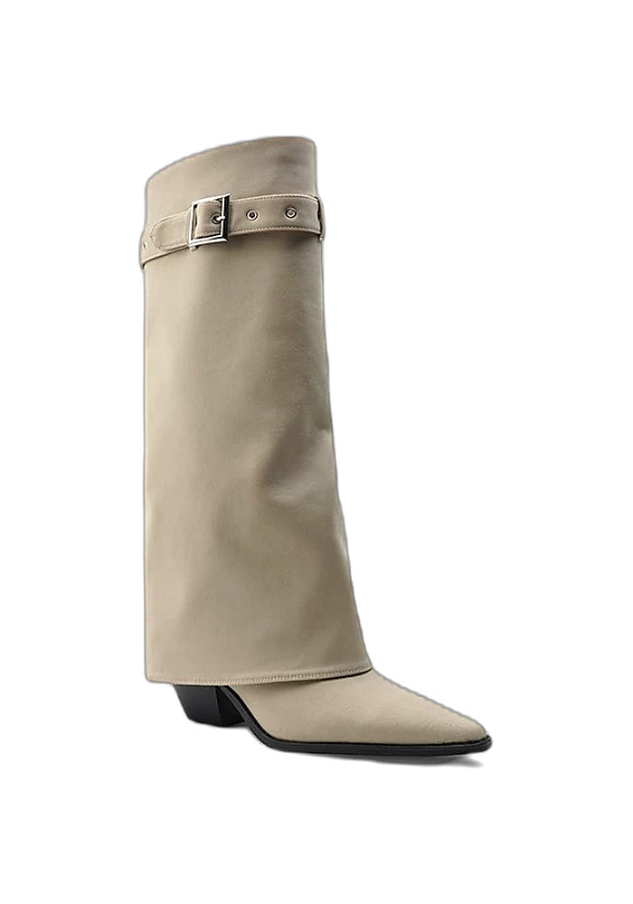 Calfskin Fold-Over Knee High Boots 6.5CM Block Heel Pointed Toe Adjustable Buckle Strap Western Tall Boots
