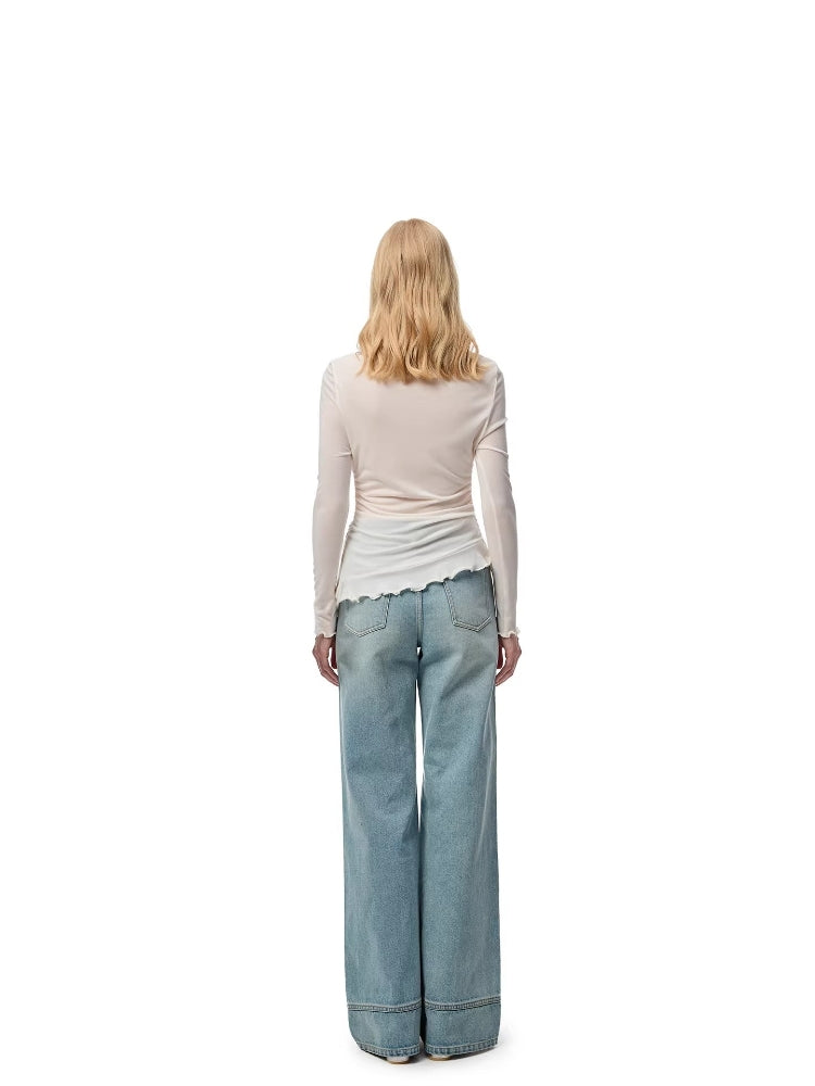 SHROENRO French-Style 3D Floral Knit Fitted Slimming Top with Asymmetrical Hem