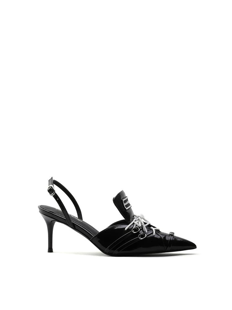 Racing-inspired Designer Sporty High-Heel Pointed-Toe Black Sandals