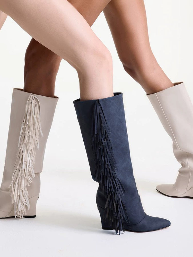Western Fringe Wedge Knee-High Boots