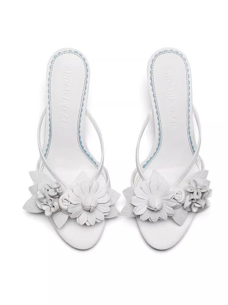 Arcadiagyal Original Design White Wedding Floral Lambskin Block Heel High Heel Sandals