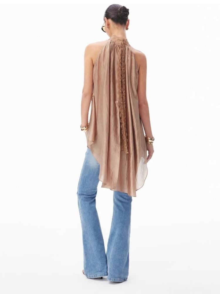 CNLEEWEI Shimmering Lace-Trimmed, Slightly Sheer, Gold-Toned, Asymmetrical Layered Top for Women