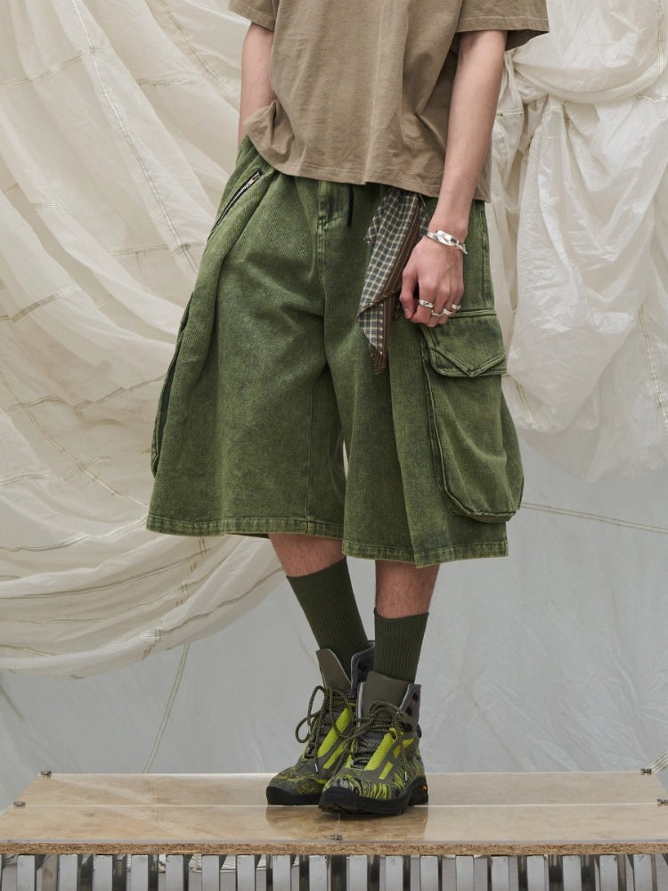 Time Element “Sequel” Detachable Square-Pleated Washed Denim Workwear Cropped Pants