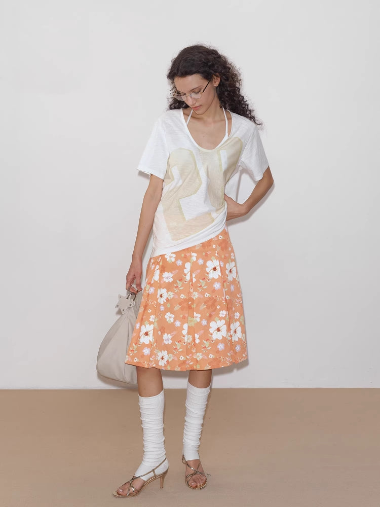 2AM POETRY Original Orange Floral All-Over Print A-Line Fitted Pleated Skirt