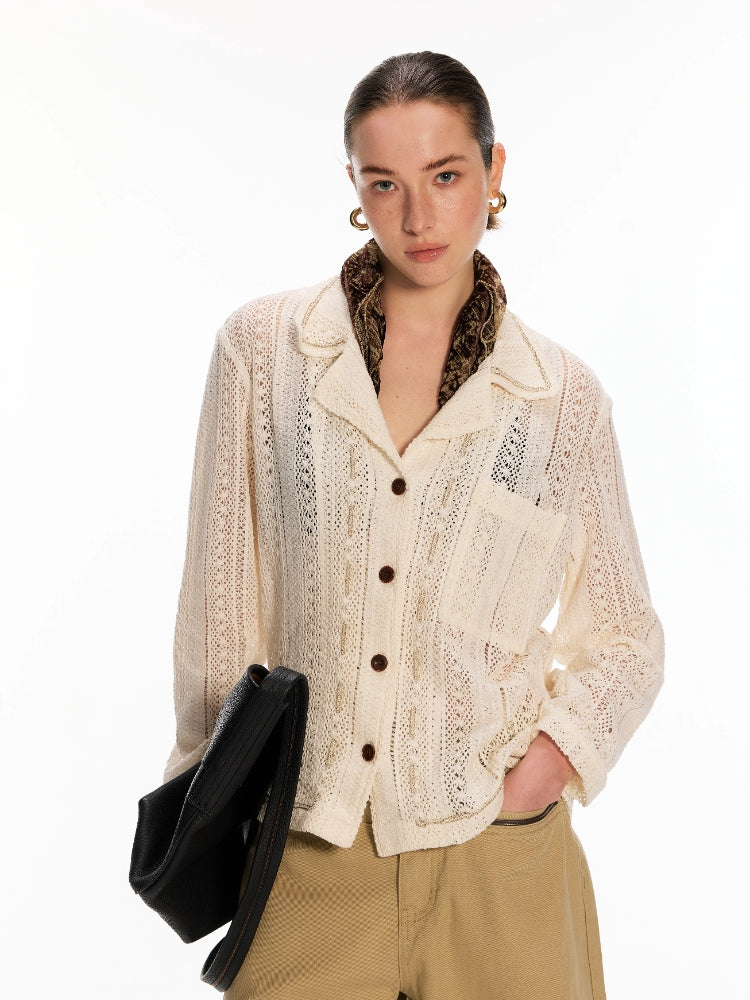 Dpercent Openwork Crocheted Cuban-Neck Casual Knit Cardigan