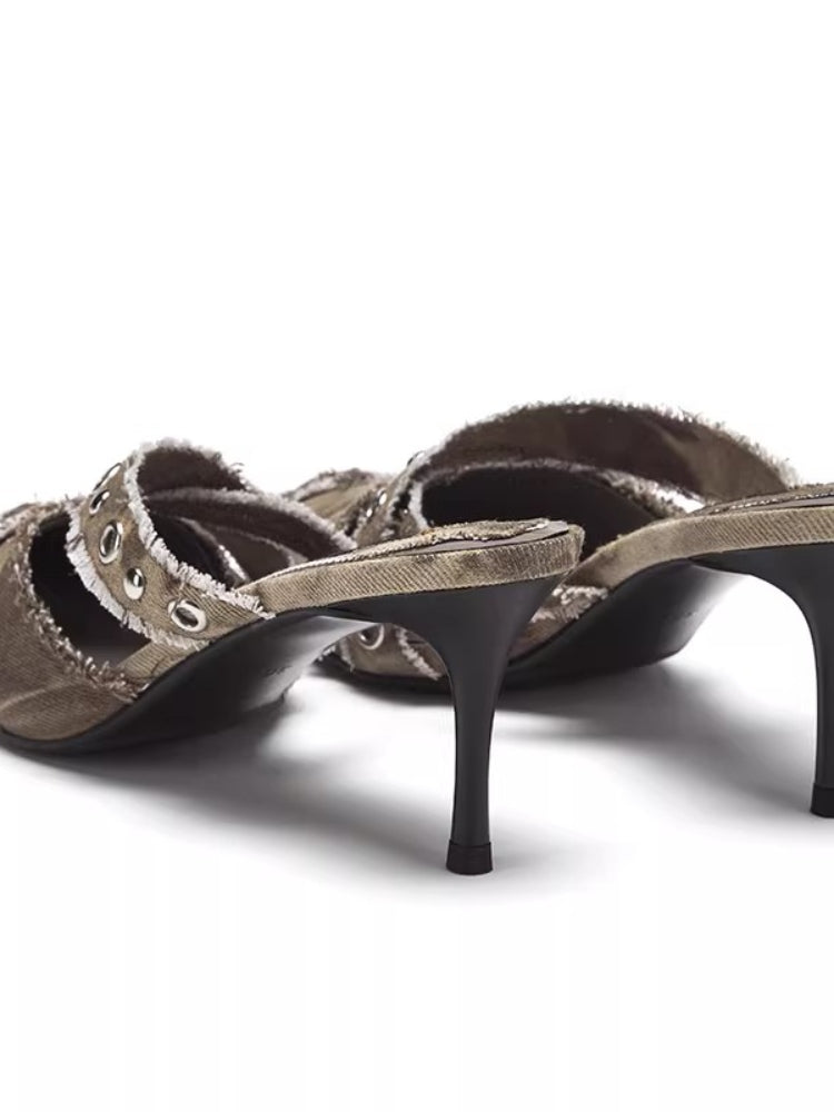 Arcadiagyal Original Design Hot Girl Slimming Leg-Lengthening Hot Girl Slimming Raw Edge High Heel Pointed Toe Slippers Coffee