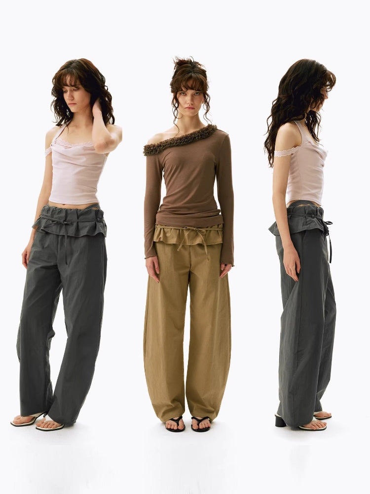 2AM POETRY Pleated, Turn-Up, Mid-Low Rise, Loose-Fit, Drawstring, Casual, Wide-Leg, Loose-Fit, Curved-Leg Pants