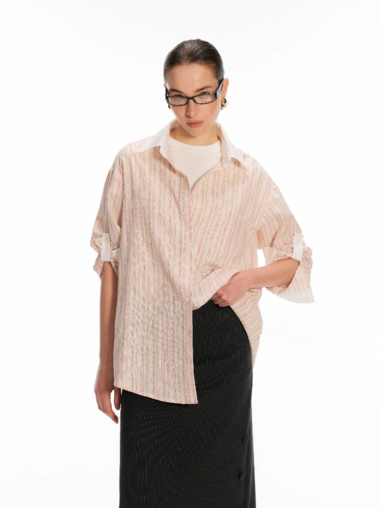 Dpercent Tencel Cotton Color-Blocked, Loose-Fit Casual Shirt with Rolled Sleeves and Reversible Design: Striped Pink Shirt