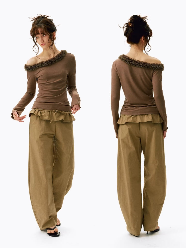 2AM POETRY Off-the-Shoulder Pleated 3D Lace Slightly Fitted Slimming Long-Sleeve T-Shirt Top