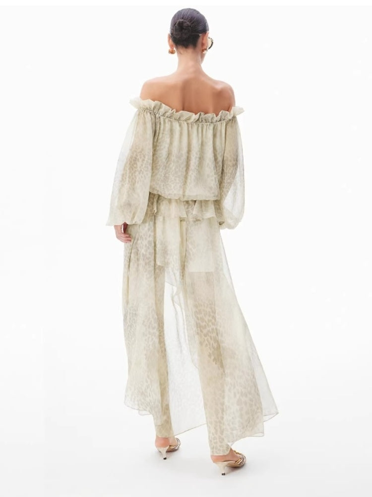 CNLEEWEI Off-the-Shoulder, Strapless Leopard-Print Puffed-Sleeve Resort-Style Dress