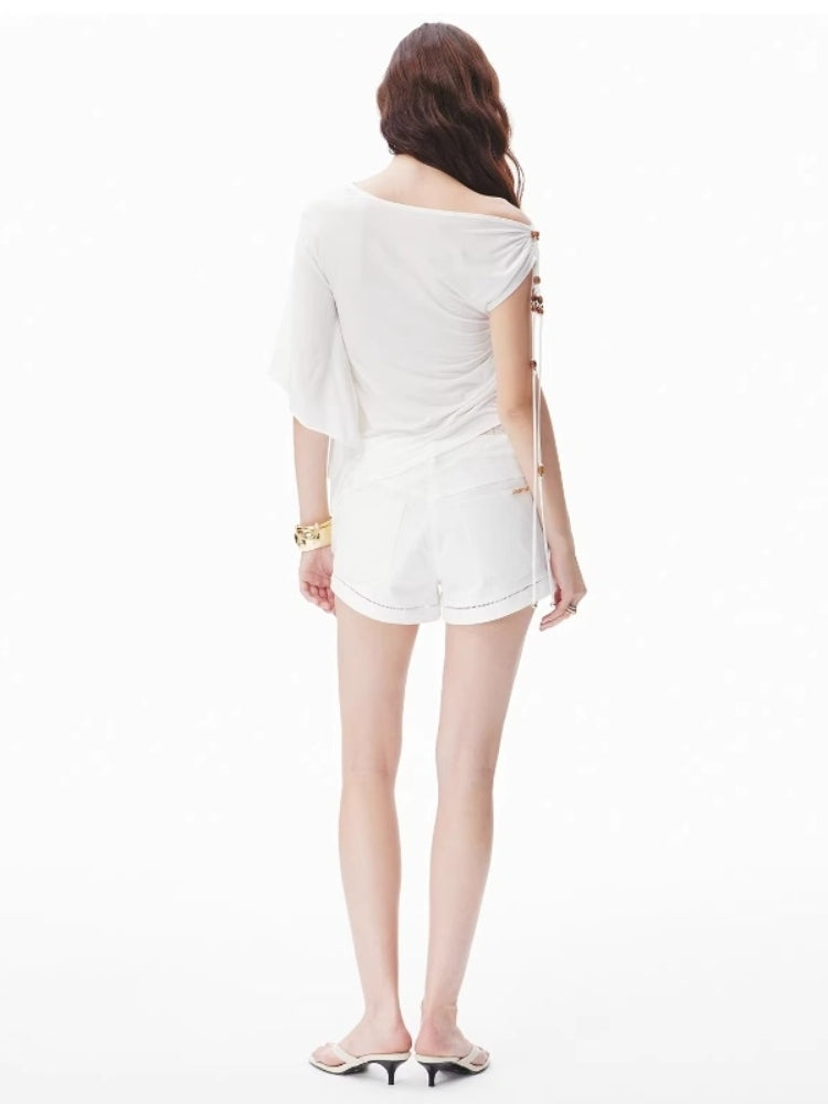 CNLEEWEI Women's Simple and Versatile Short Off-the-Shoulder Asymmetrical Lace-Trimmed Top