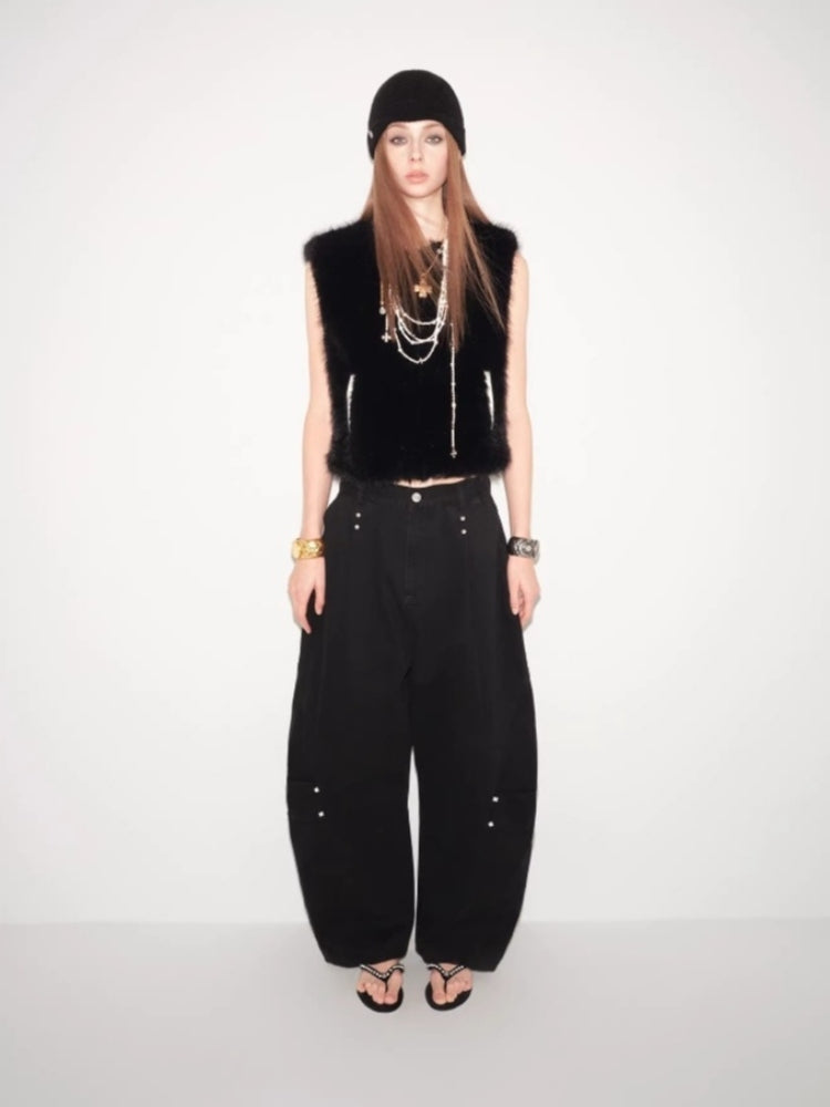 tokokkino “Black Orange” Black Orange Hand-Stitched Curved-Leg Pants