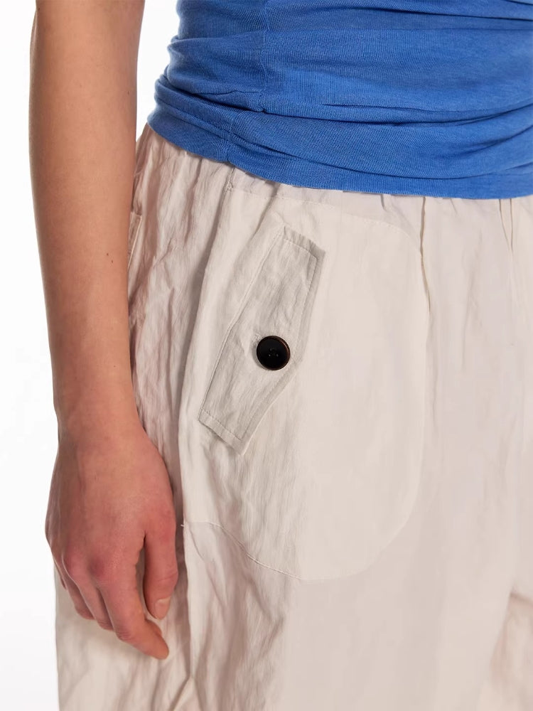 Dpercent Asymmetrical-Pocket, Textured Silk-Like, 7/8-Length, Wide-Leg, Relaxed-Fit, Stretch-Waist, Balloon Pants