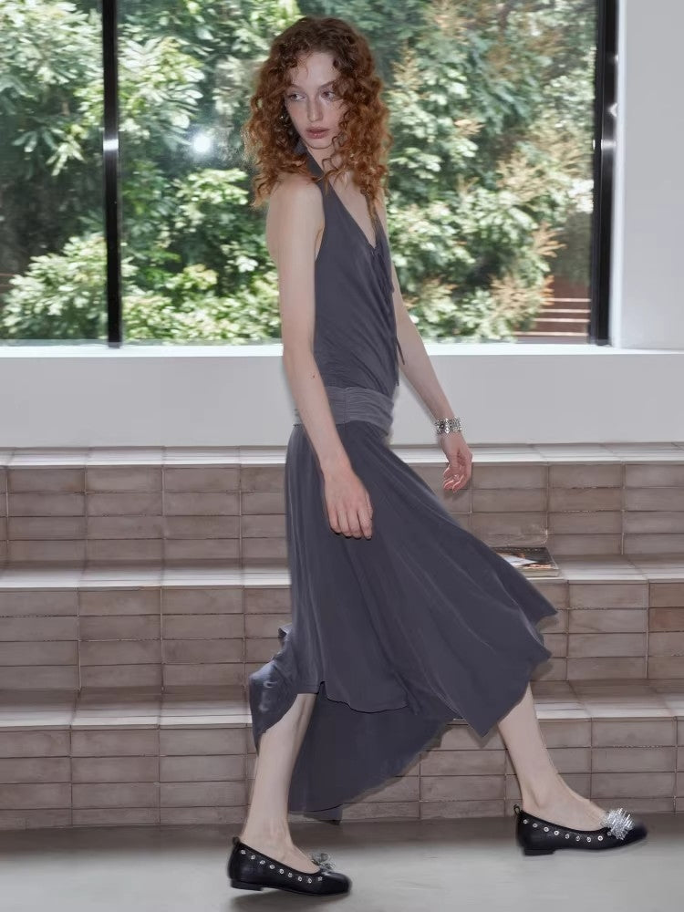 2AM POETRY Halter-Neck, Tie-Front, Off-the-Shoulder, Patchwork, Pleated, Asymmetrical Dress